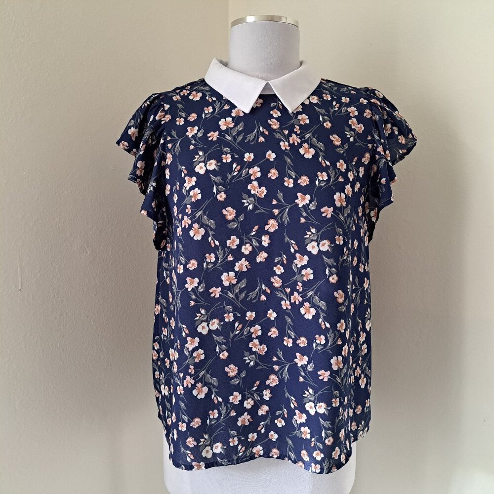 Monteau Juniors White Collar Floral Top Multicolor Short Sleeve Size L